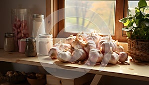 Still life of garlic heads together a window kitchen photo