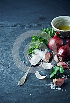 Still life with garlic, onion, parsley and sea salt