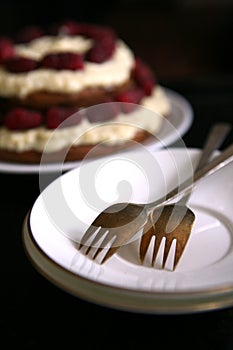 Still life with German silver dessert forks and cake with custard and fresh raspberry