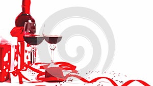 Still life with a gift box, red satin ribbon and two glasses of wine on a white background. Valentine`s Day card with copy space.