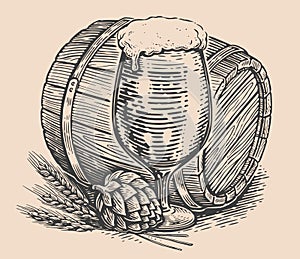 Still life of glass of beer, wooden barrel. Brewery, pub concept. Clipart vintage sketch drawing