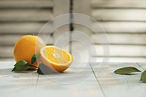 Still Life Glass of Fresh Orange Juice on Vintage Wood Table with Copy Space Background