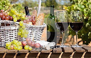 Still life with glass of red wine grapes and picnic basket on table