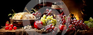 still life with glasses of red wine and grapes