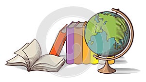 Still life with globe and books. Colored vector illustration