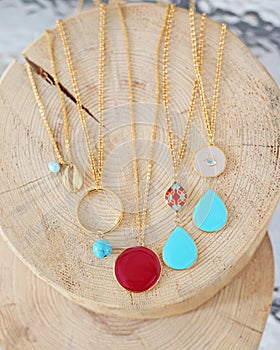 Gold chain necklaces with turquoise stones - red stone - gold shell necklace - greek jewelry