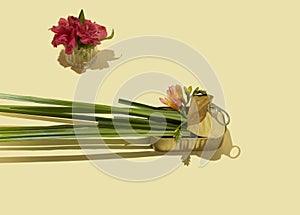 Still life of gold tin can full of fresh grass and pink flower, with fork on pastel background. Top view of environmental