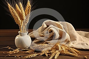 Still life with golden ears of wheat on a table. Generative AI