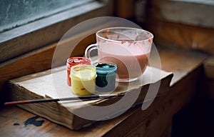 Still life of gouache paints, brushes, paint dilution cup and a book