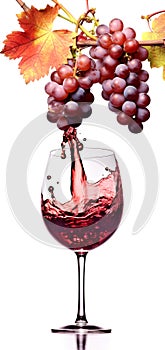 Still life of grape cluster with red wine splashing into glass.Generative ai