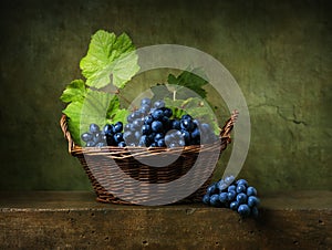 Still life with grapes in basket