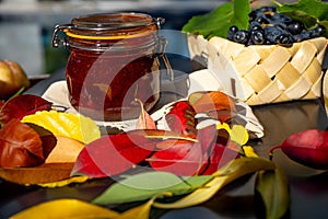 Still life with grapes, nectarines, jam and autumn leaves. Autumn harvest season. Fresh delicious healthy fruits, raw