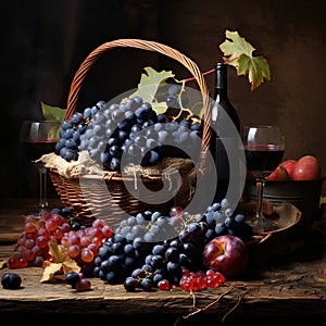 Still life with grapes, wine and basket on a dark background.
