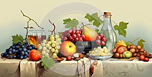 Still life with grapes, wine and fruits on the table. Vector illustration