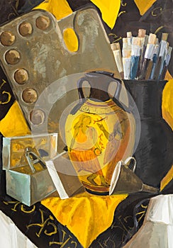Still life with Greek vase, palette and brushes