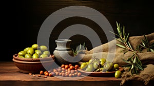 Still life with green olives, olive oil, branch, and linen napkin on wooden table