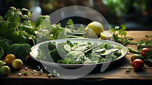 Still life of green vegetables on a plate, low-calorie dietetics with broccoli, salads