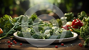 Still life of green vegetables on a plate, low-calorie dietetics with broccoli, salads