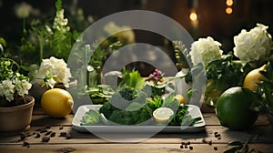 Still life of green vegetables on a plate, low-calorie dietetics with broccoli, salads photo