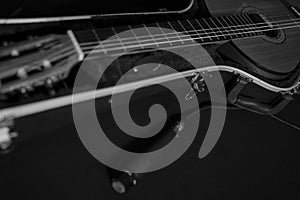 Still life with a guitar in a case and a dynamic microphone in black and white.