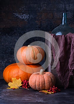 Still life harvest with pumpkins and leaves