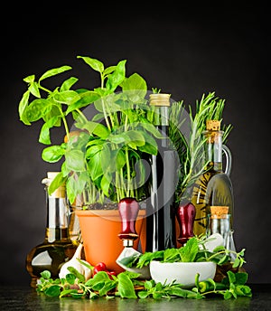 Still Life with Herbs and Cooking Ingredients