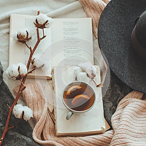 Still life in home interior of living room. Sweaters and cup of tea with a cone on the books. Read. Cozy autumn winter concept