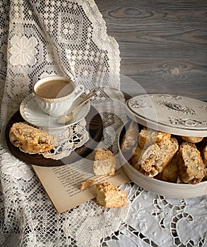 Still life with homemade biscotti and a cup of coffee
