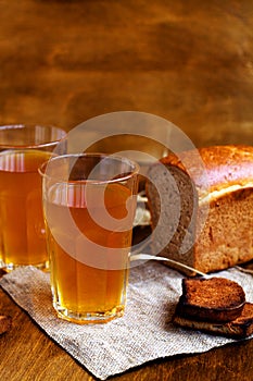 Still life with homemade bread kvass with black rye bread