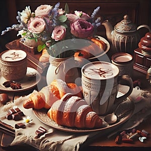 A still life image featuring croissants, coffee, chocolate, and flowers
