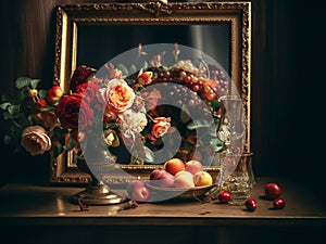 Still life image with food and flowers next to a mirror. AI generated