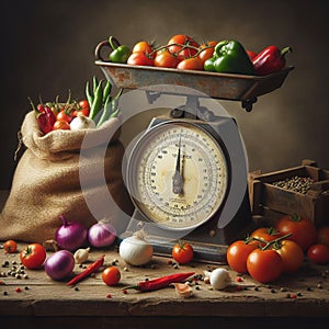 Still life image with an old scale, vegetables and fruit in a rustic space