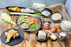 still life with ingredients to prepare fanesca. Traditional Ecuadorian food eaten at easter