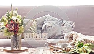 Still life interior with decor items in home living room