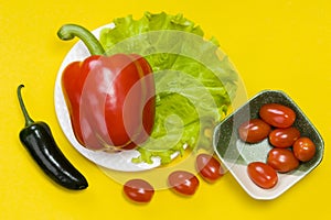 Still life of jalapeno pepper,  bell pepper, tomato cherry, lettuce