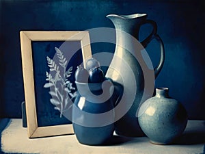 Still life with jug and cups of tea on a dark background