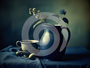 Still life with jug and cups of tea on a dark background