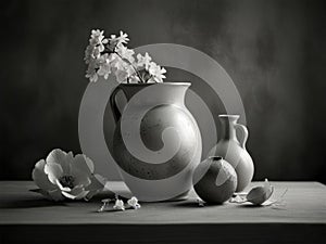 Still life with jug and cups of tea on a dark background