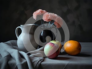 Still life with jug and cups of tea on a dark background