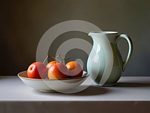 Still life with jug and cups of tea on a dark background