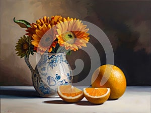 Still life with jug and cups of tea on a dark background