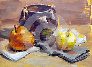 Still life with jug and fruits. Oil painting