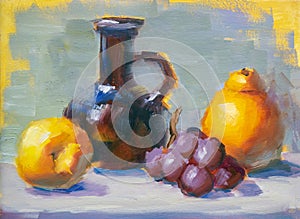 Still life with jug and fruits. Oil painting
