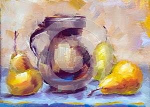 Still life with jug and fruits. Oil painting