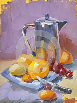 Still life with jug and fruits. Oil painting