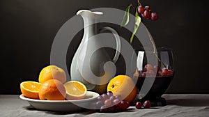 Still life with a jug of red wine, grapes and oranges on a dark background Generative AI