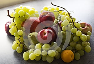 Still life with juicy summer fruits. Top view photo with copy space.