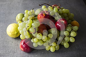 Still life with juicy summer fruits. Top view photo with copy space.