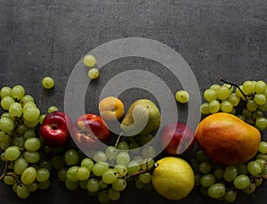 Still life with juicy summer fruits. Top view photo with copy space.