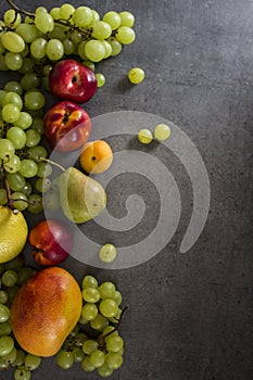Still life with juicy summer fruits. Top view photo with copy space.
